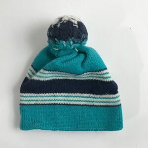Vintage Kids Winter Hat knit dark blue and teal stripes and pom pom